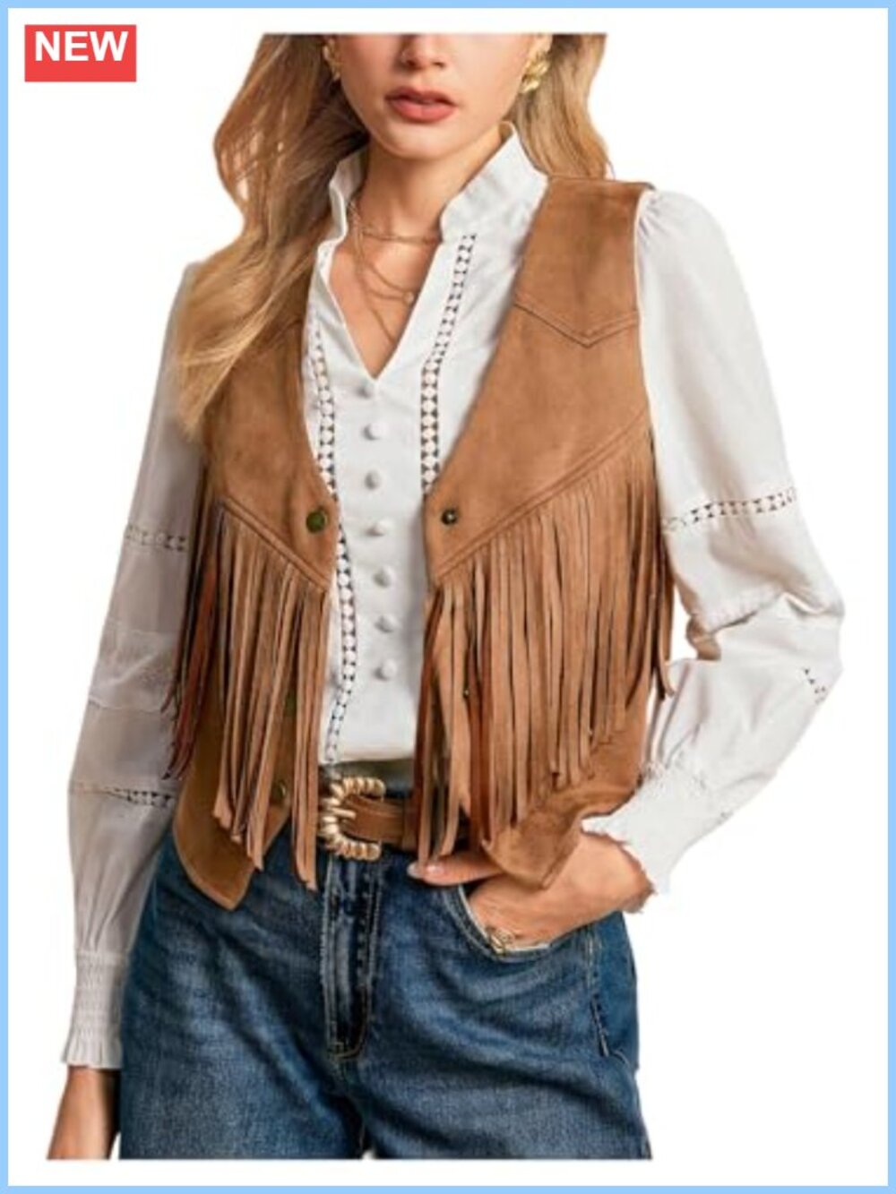 Faux Suede Fringe Vest Cropped Western Sleeveless Button Down